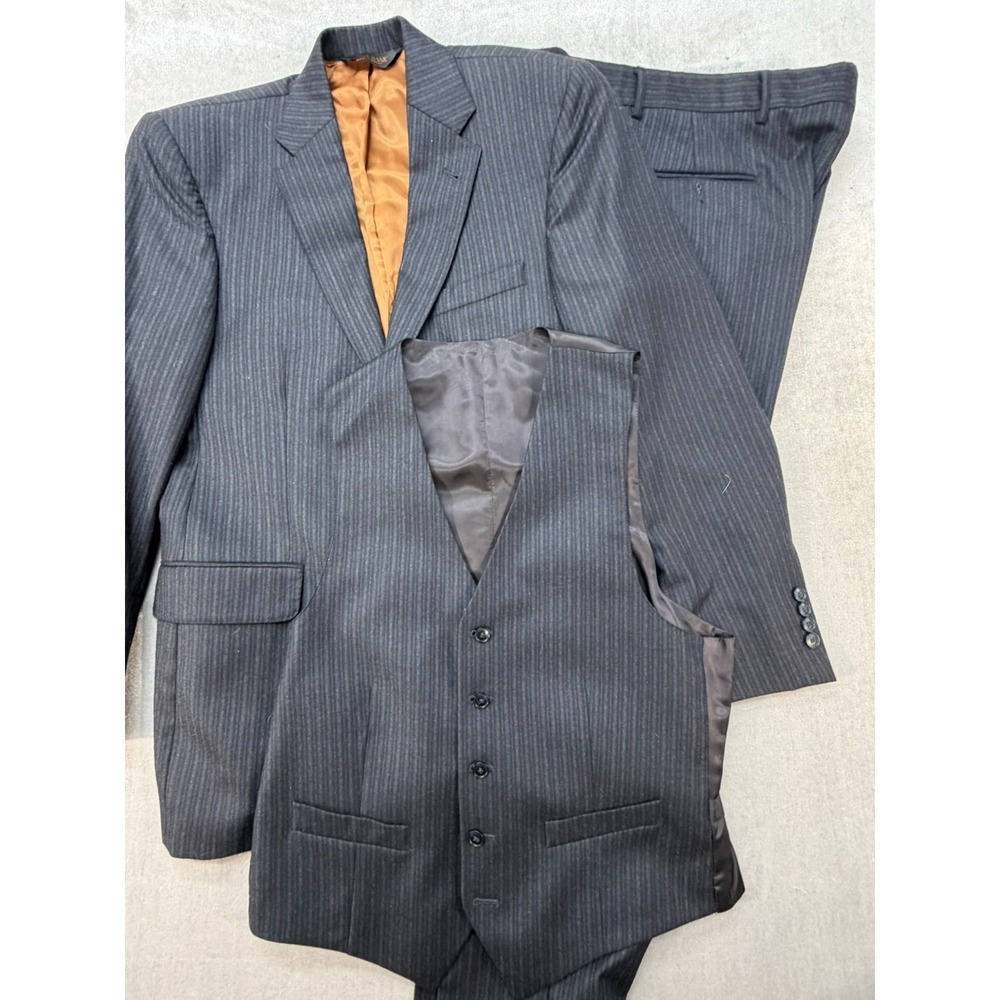 Joseph A Bank 3 Piece 2 Button Suit Striped Dark Blue Black 100% Wool 38X32 RG
